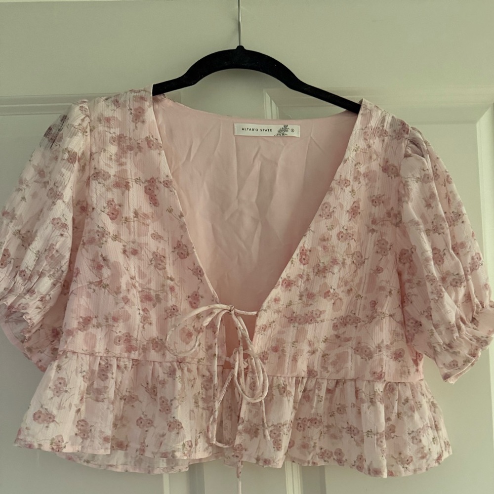 Altar'd State Pink Ruffled Crop Blouse